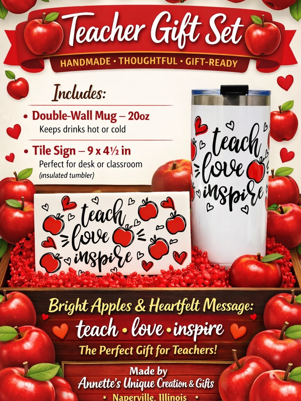 Teach Love Inspire Tumbler & Tile Sign Set - Red Apple Design